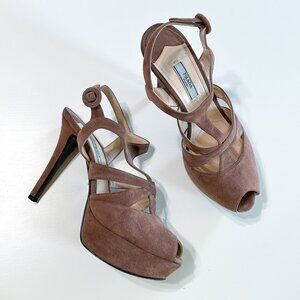 Prada Suede Platform T Strap Strappy Pump High Heels EU Size 38.5